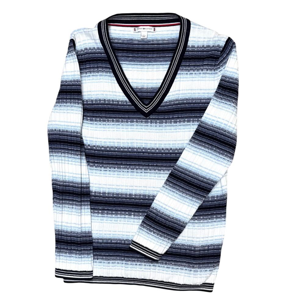 Tommy Hilfiger Y2K Sweater V-Neck Womens Size L Striped Pullover Top